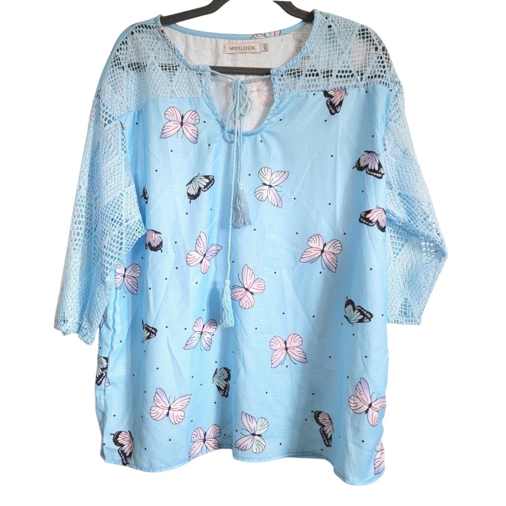 Misslook Large Front Tie Women's Shirt Butterflies Light Blue Lace Sleeves‎